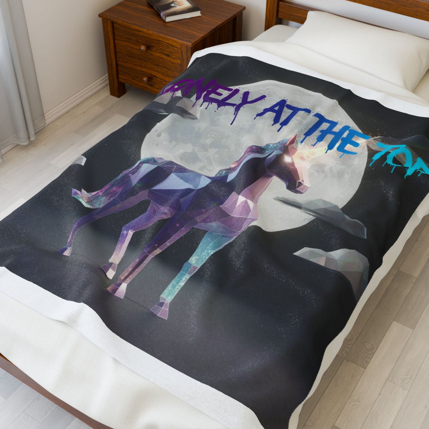 Velveteen Plush Blanket — 'Lonely at the Top' Geometric Unicorn Moonlight Throw